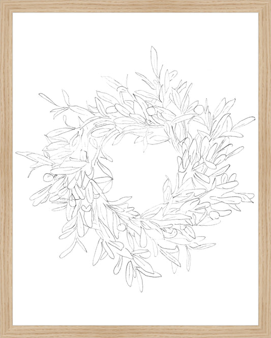 Framed OLIVE WREATH. Frame: Natural Oak. Paper: Rag Paper. Art Size: 19x15. Final Size: 20'' X 16''
