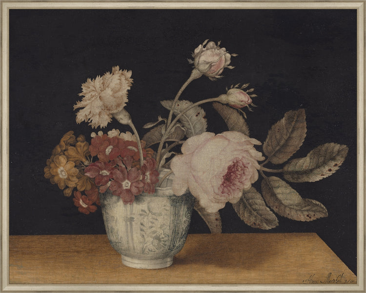Framed Vintage Vase of Flowers. Frame: Traditional Silver. Paper: Rag Paper. Art Size: 23x29. Final Size: 24'' X 30''