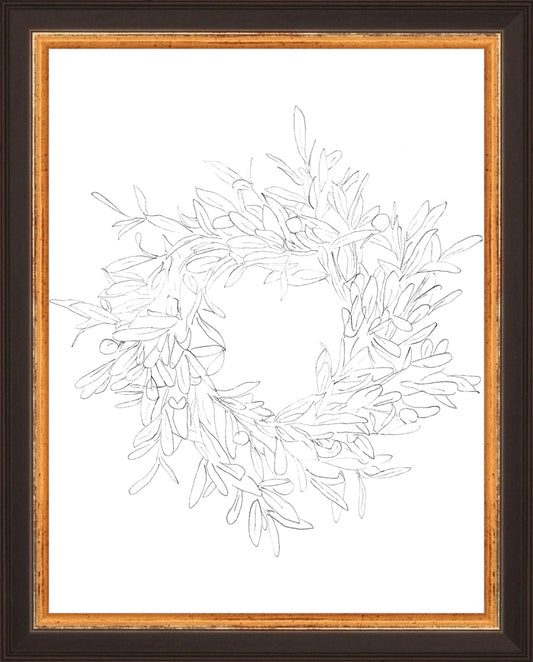 Framed OLIVE WREATH. Frame: Traditional Black and Gold. Paper: Rag Paper. Art Size: 9x7. Final Size: 10'' X 8''